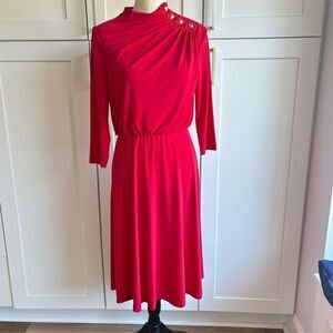 London Times Women's Red Blouson Midi Dress Size 6 Casual 3/4 Sleeve Retro